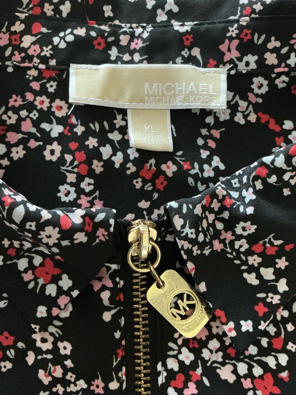 Michael Kors Black Floral Zip-Front Blouse with Gold Hardware